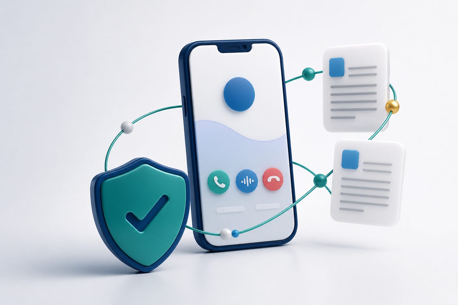 Abstract 3D scene of a phone, shield, and documents on a navy and gold network.